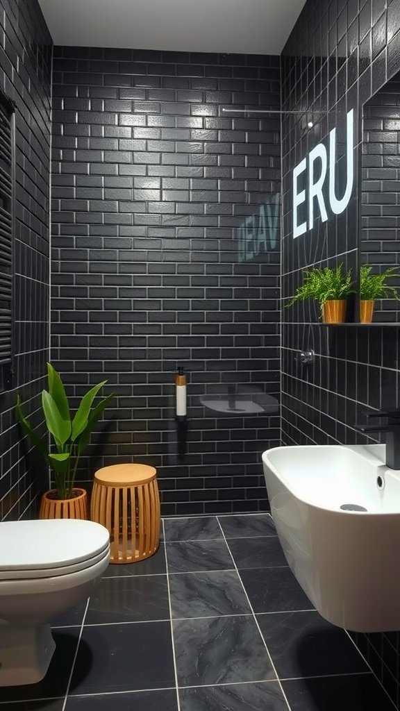 A modern bathroom with black tile floor and walls, featuring potted plants and elegant fixtures.