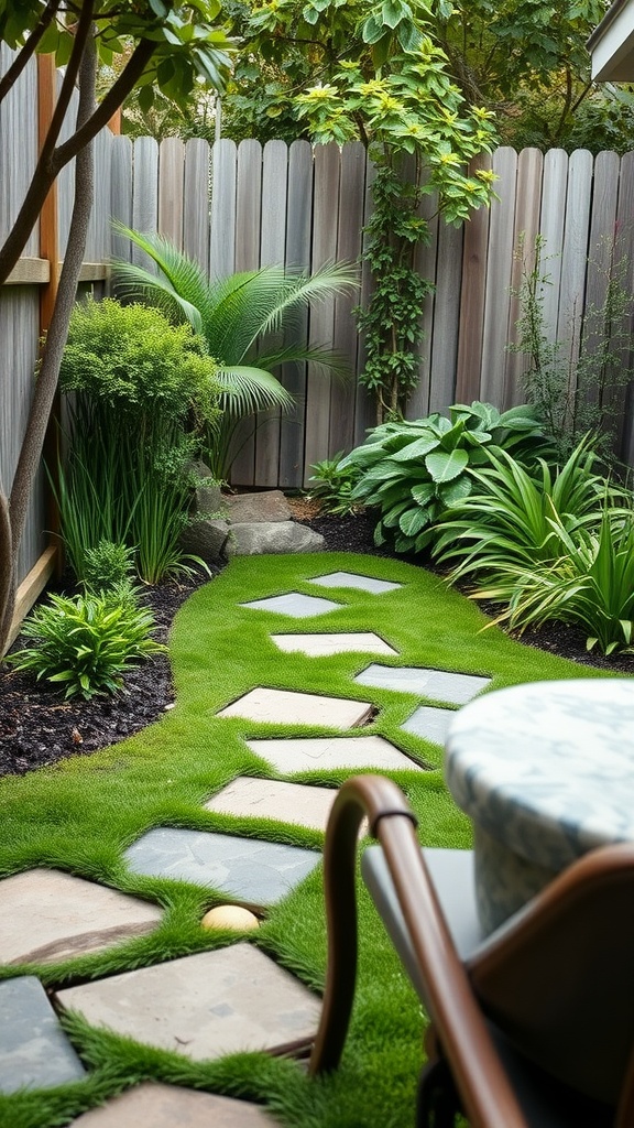 A winding stone pathway through a lush green backyard garden with various plants.