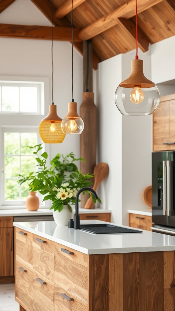 Three pendant lights over a kitchen island with wooden cabinetry and greenery