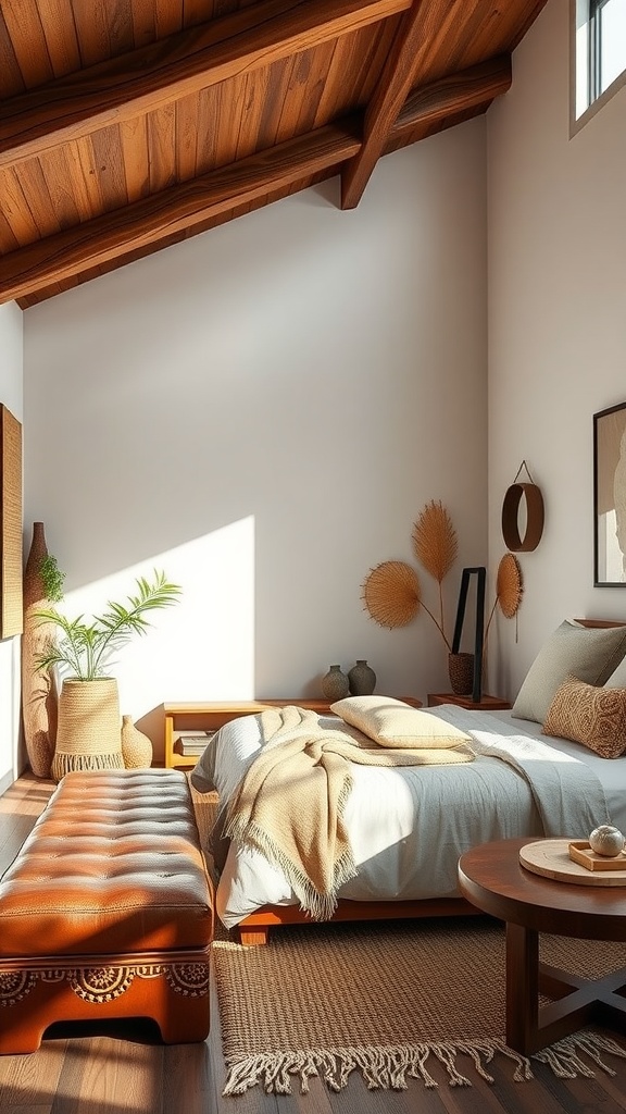 A modern Indian bedroom with sustainable wood furniture, featuring a wooden bed, bench, and natural textiles.