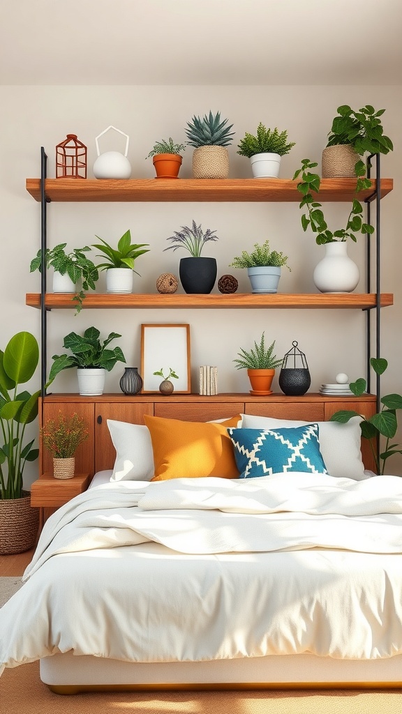 Wooden shelves filled with plants and decorative items in a cozy living room setting.