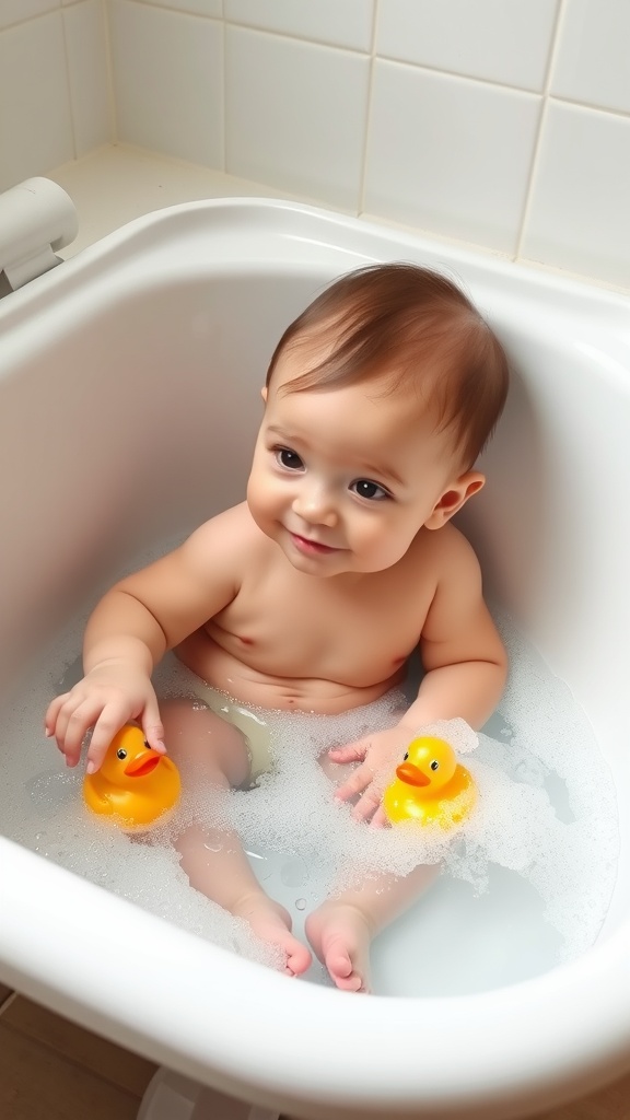 A smiling baby sitting in a bathtub filled with bubbles, holding rubber ducks