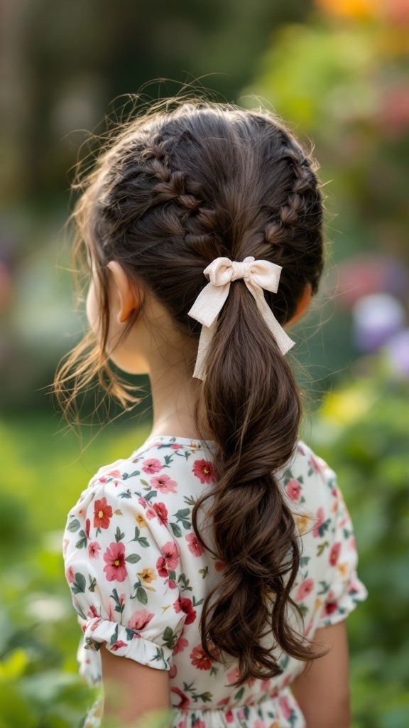 A little girl with a sweet bow-tied ponytail hairstyle, featuring side braids and a floral dress.
