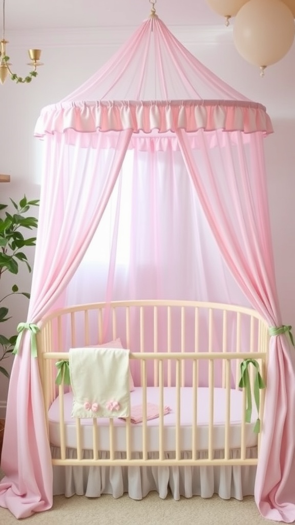 A crib with a pink canopy in a nursery, featuring green bows and soft bedding.