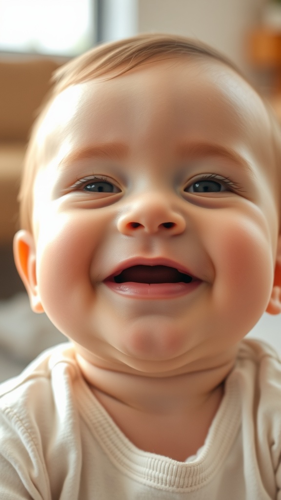 Close-up of a smiling baby with blue eyes and light brown hair, showcasing joyful expression.