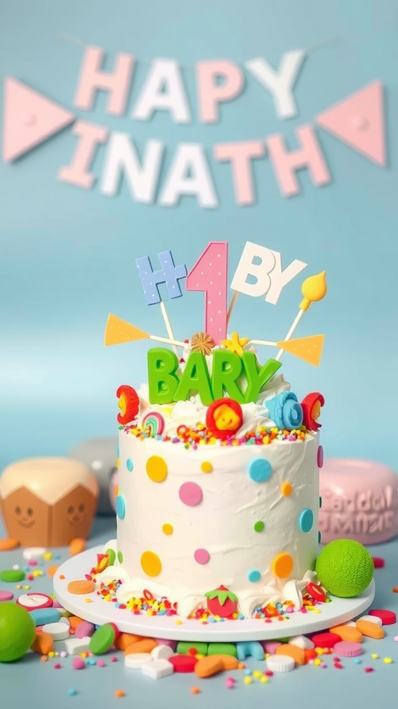 A colorful, decorated birthday cake for a baby boy with a playful theme.