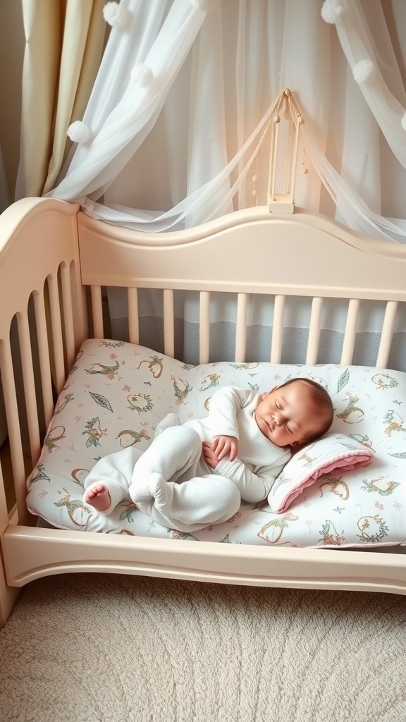 A peaceful baby sleeping in a crib with soft bedding and gentle curtains