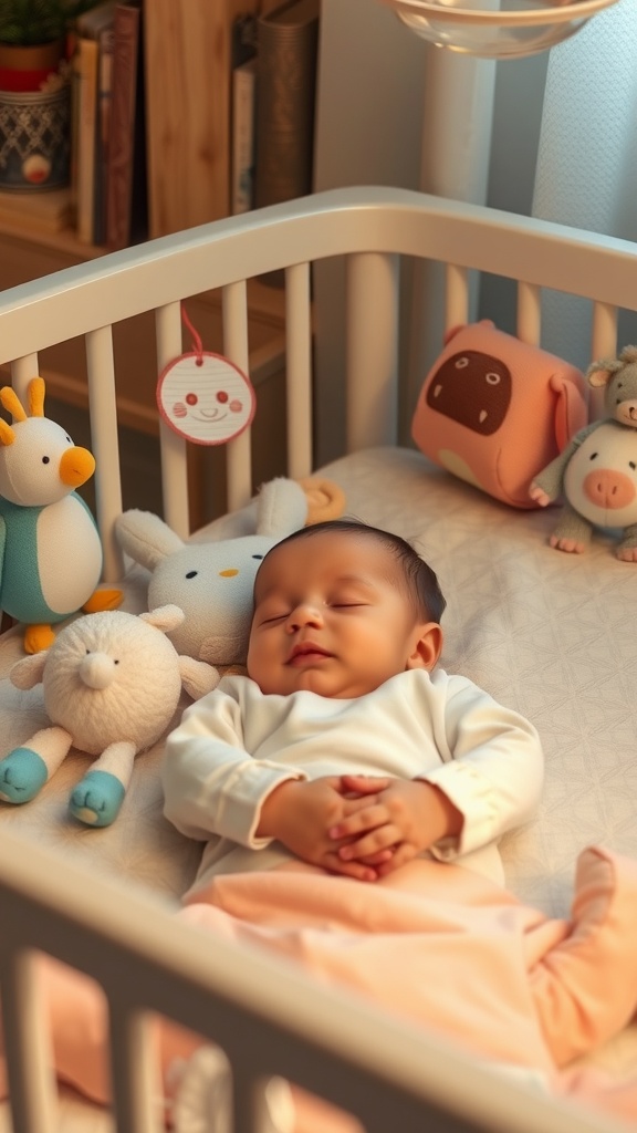 A peaceful baby sleeping in a crib surrounded by soft toys.