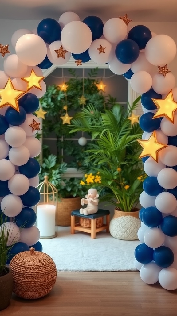 A cozy balloon arch with blue and white balloons, stars, and a small doll on a stool surrounded by plants.