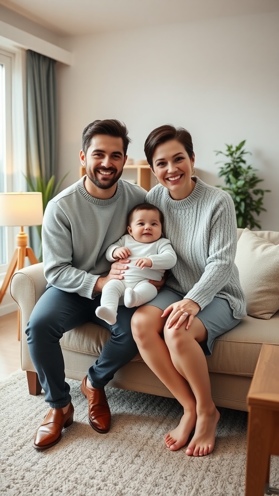 A family portrait of a couple with their 4-month-old baby seated on a couch in a cozy living room.