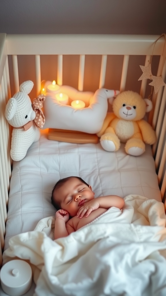 A peaceful baby sleeping in a crib with soft toys and warm lights.