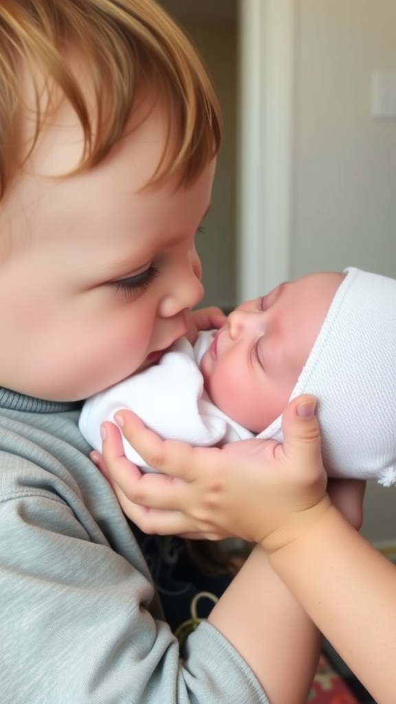 A toddler gently kisses a newborn baby, showcasing a tender sibling moment.