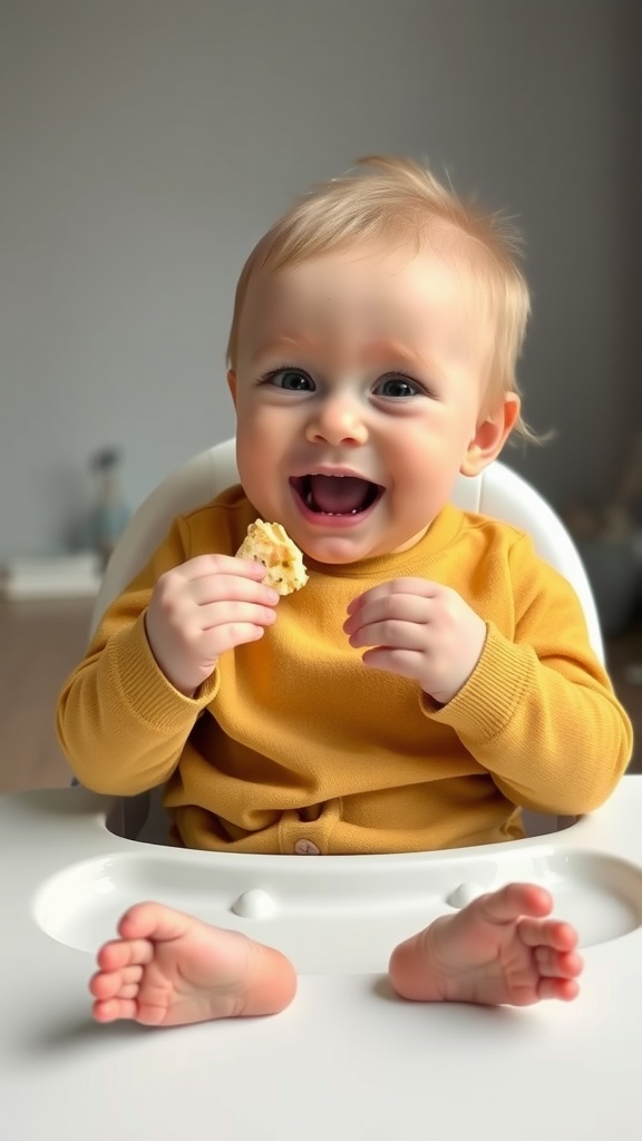 A happy baby sitting in a high chair, holding a snack and smiling.
