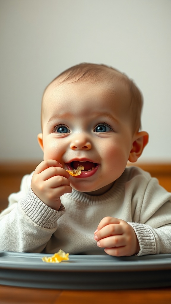 A cheerful baby enjoying a snack, smiling and holding a piece of food.