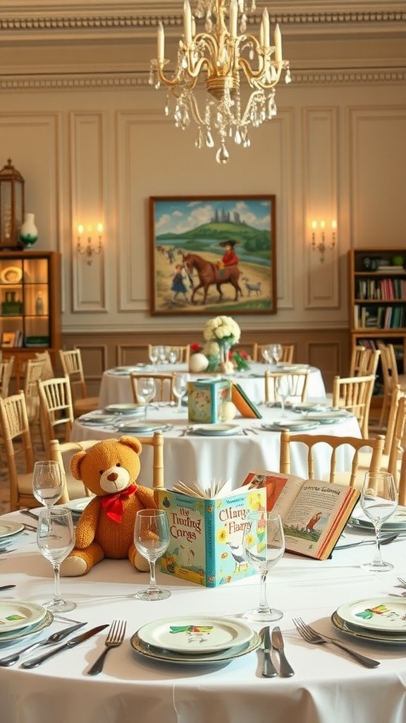 An elegantly set baby shower table with storybook centerpieces featuring plush teddy bear and colorful children's books.