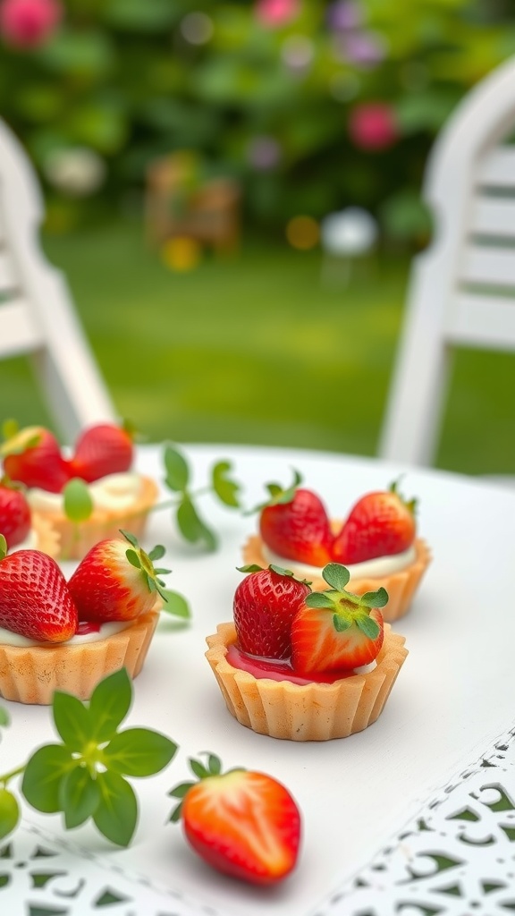 Plate of sweet strawberry tartlets with fresh strawberries on top