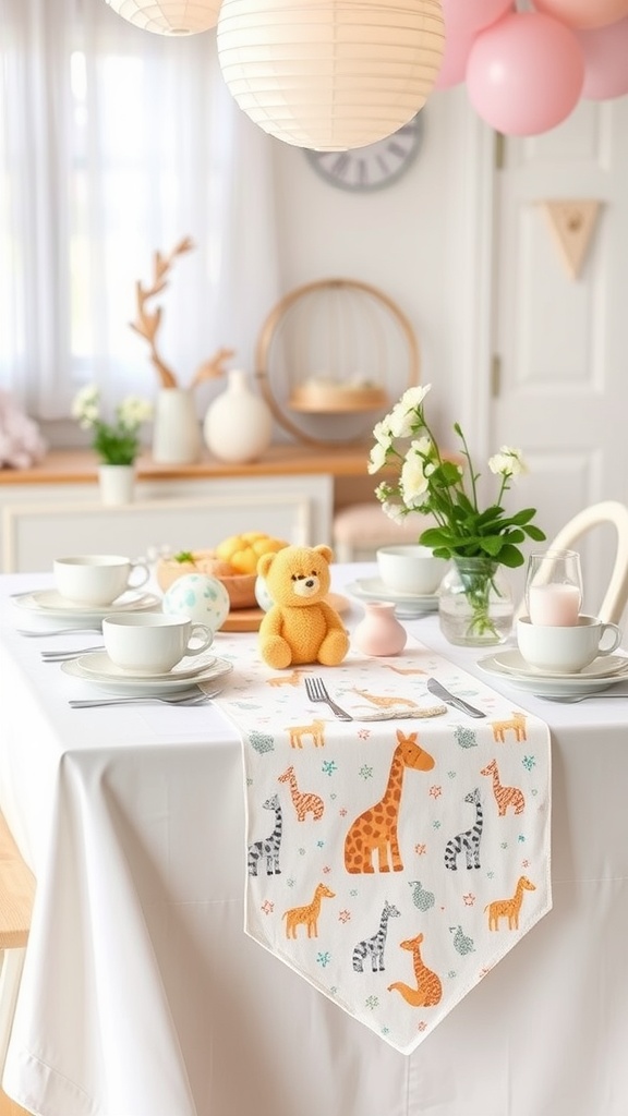 A baby shower table with a sweet themed table runner featuring giraffes, a teddy bear, and fresh flowers.