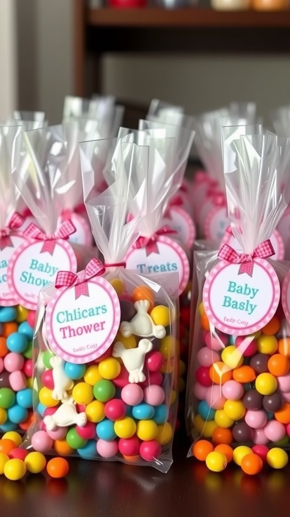 Colorful treat bags filled with candies for a baby shower.