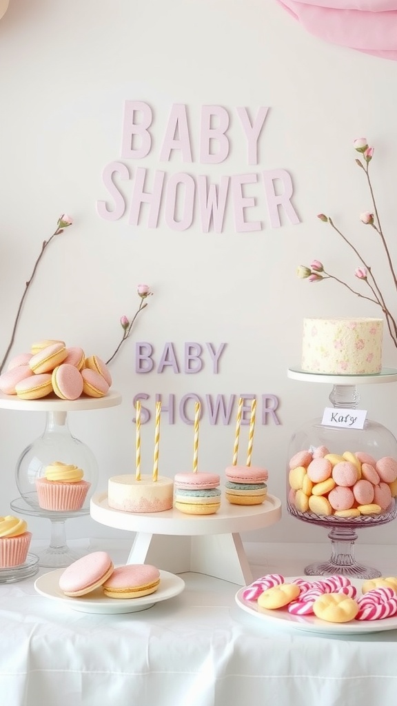 A beautifully arranged sweet treat bar for a baby shower featuring pastel-colored desserts like macarons, cupcakes, and cookies, with decorations and labels.