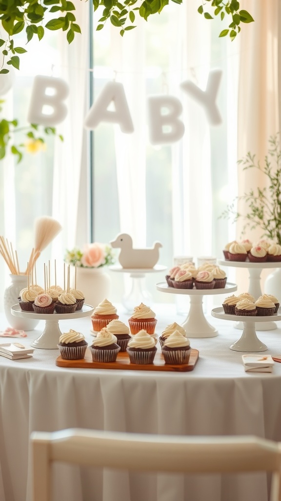 A baby shower dessert table featuring cupcakes, a 'BABY' banner, and decorative elements.