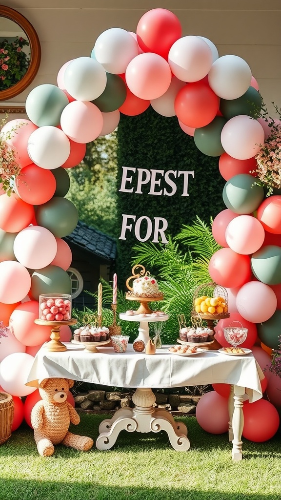 A cheerful balloon arch in pink, red, and green frames a dessert table filled with cupcakes, a cake, and sweet treats, with a teddy bear nearby.