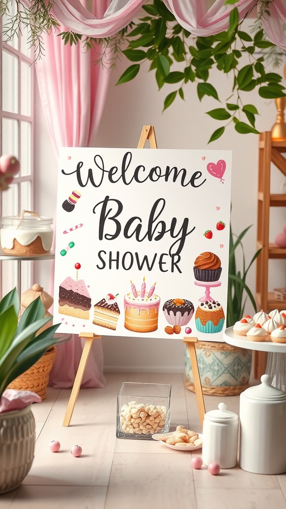 A baby shower welcome sign with an assortment of colorful desserts, including cakes, cupcakes, and candies.