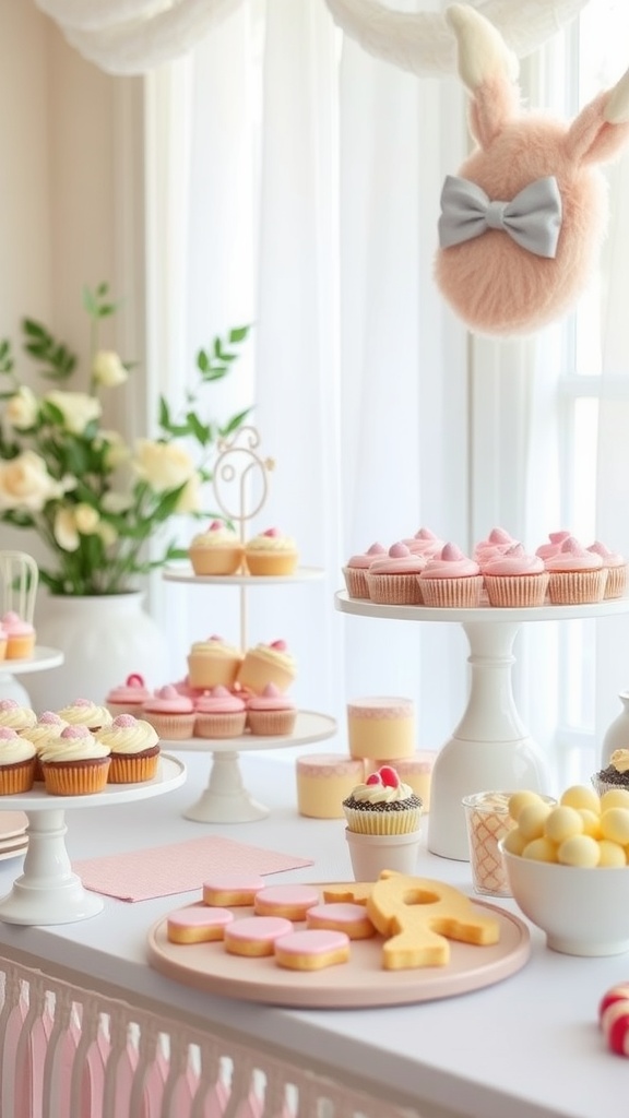 A beautifully arranged sweet treats dessert bar for a baby shower featuring colorful cupcakes, cookies, and more.