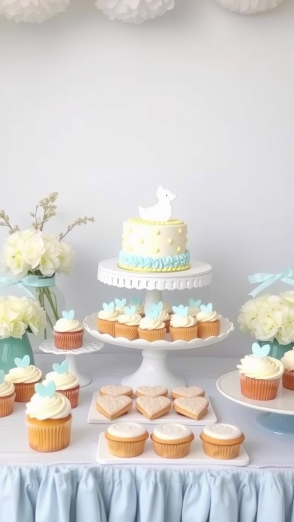Dessert table with a cake, cupcakes, and cookies for an outdoor baby shower.