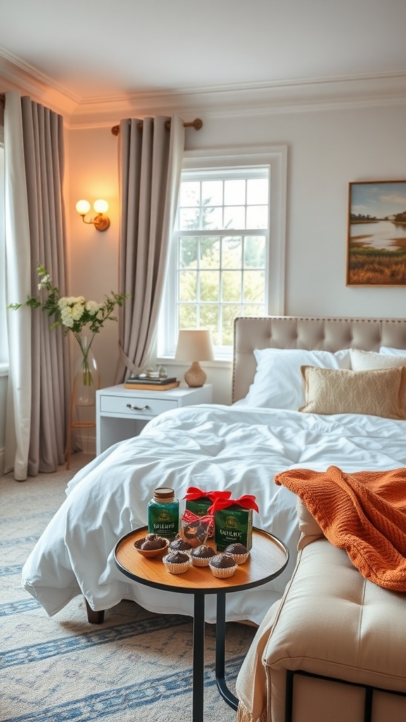 A beautifully arranged tray with cupcakes and jars in a cozy bedroom setting