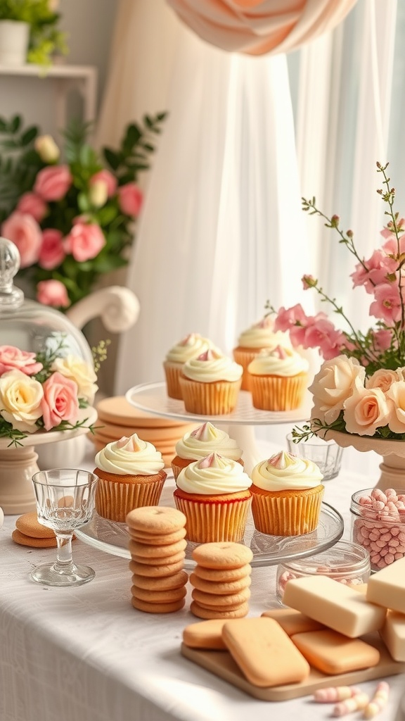 A beautifully arranged table display with cupcakes, cookies, and flowers for a summer baby shower.