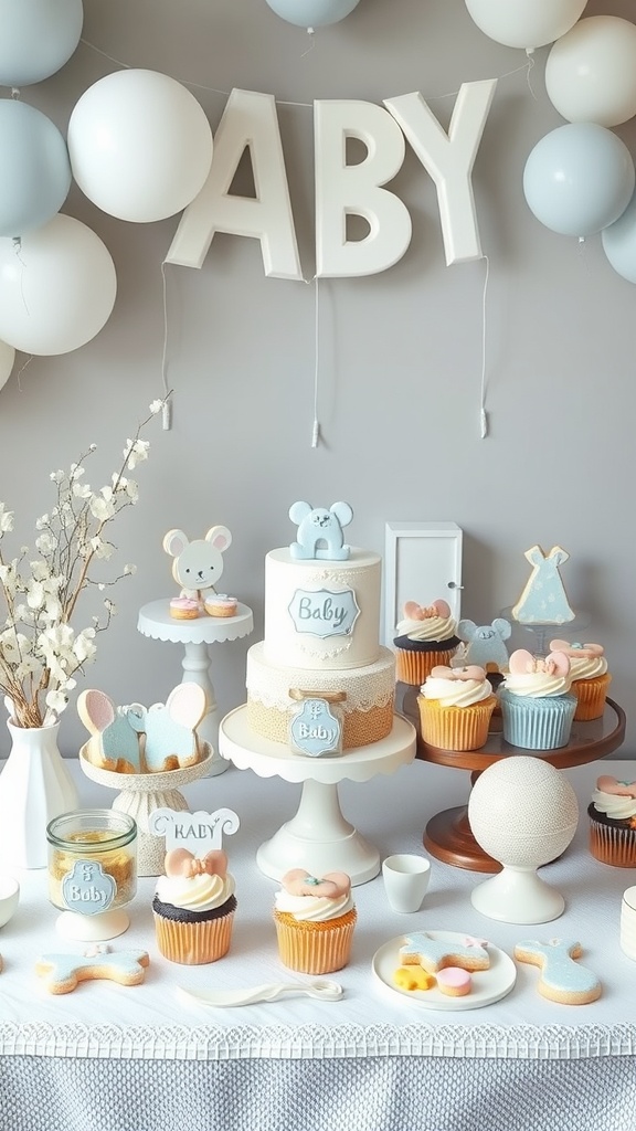 A decorative table with baby-themed desserts including cupcakes, a cake, and cookies surrounded by balloons.