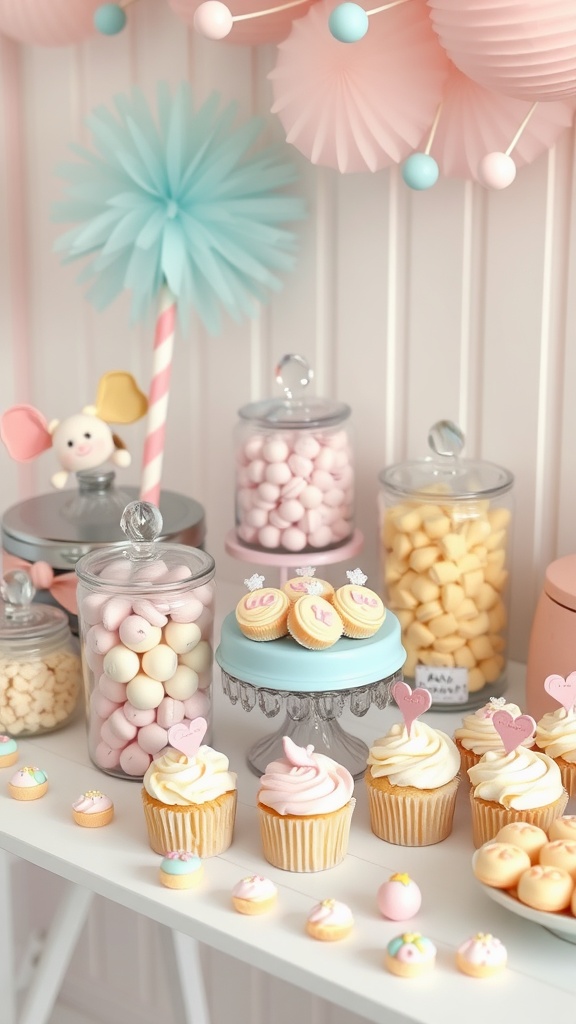 A colorful sweet treats table featuring jars of candies, cupcakes, and decorative items for a baby sprinkle.