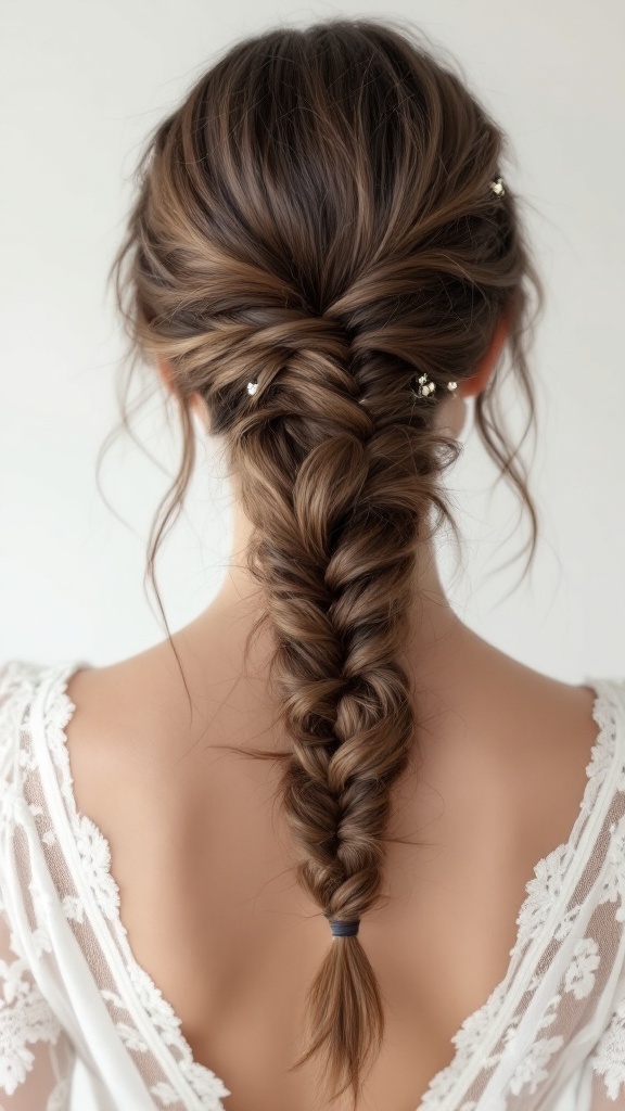 A close-up of a swept-back braided ponytail hairstyle, featuring a textured braid and small hair accessories.