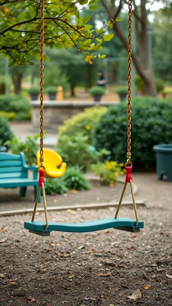 A blue swing hanging from a tree branch in a kids' play area, surrounded by greenery and another yellow swing in the background.