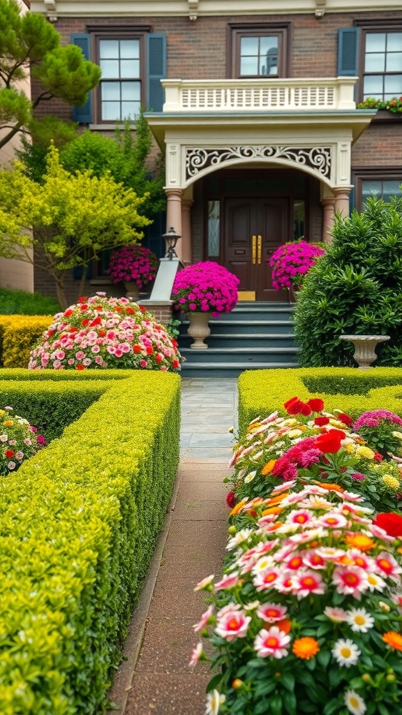 A Victorian front garden with symmetrical flower beds, featuring colorful flowers and neatly trimmed hedges.