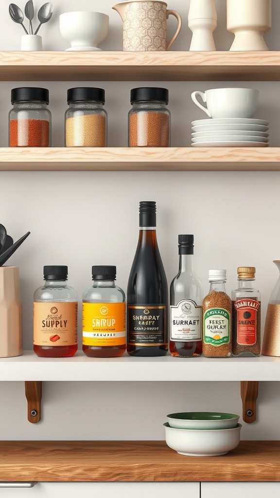 A coffee station shelf displaying various syrups and flavorings for custom drinks.