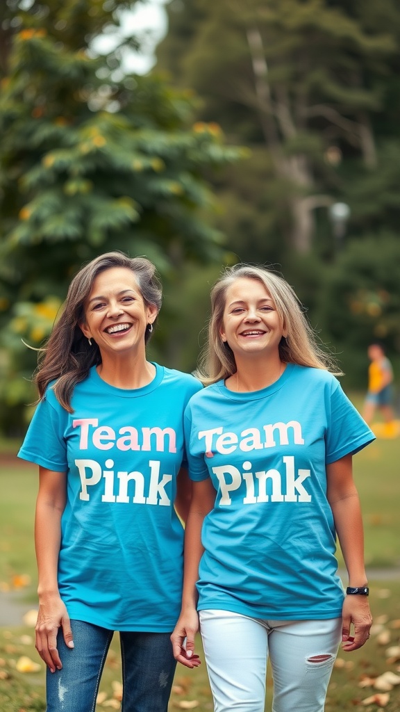 Two women smiling in matching blue T-shirts that say 'Team Pink'.