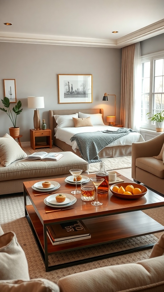A cozy living room with a coffee table arranged for entertaining, featuring cupcakes, cocktails, and fresh oranges.
