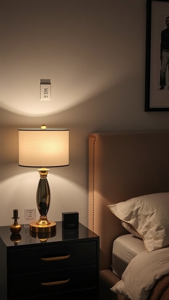 A stylish table lamp with a unique design on a nightstand in a modern bedroom