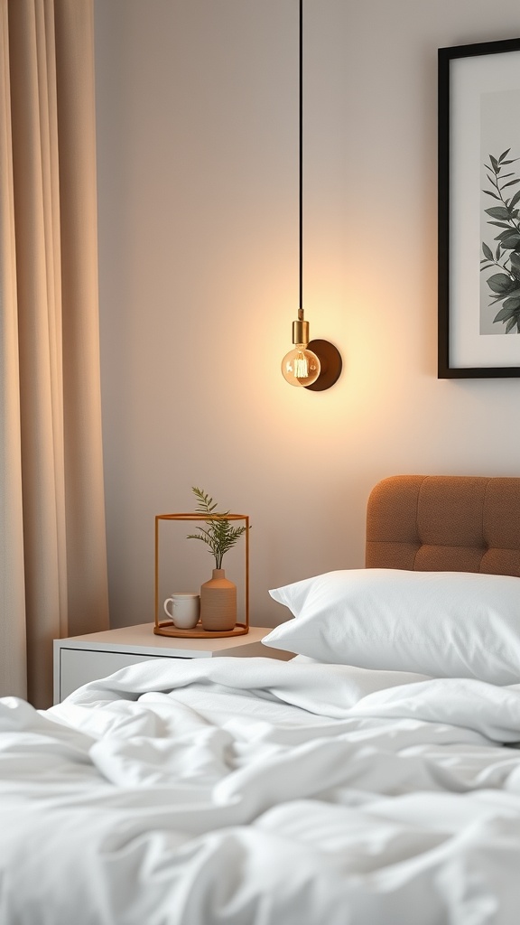 A cozy bedroom featuring a stylish table lamp with a warm bulb, soft bedding, and a decorative plant.