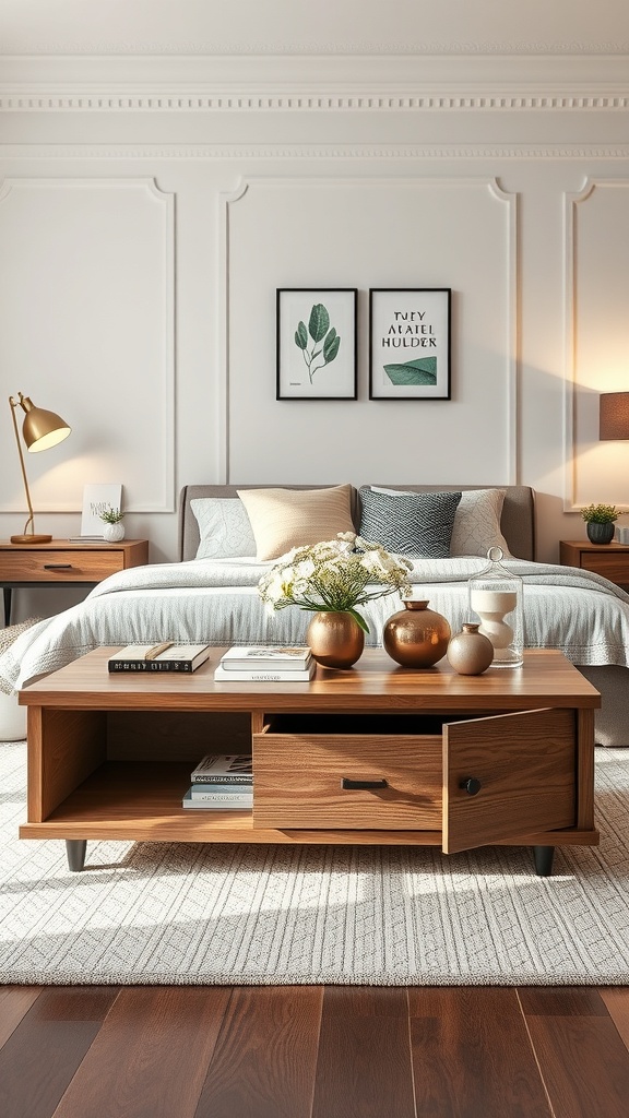 A wooden living room table with built-in storage, featuring a drawer and an open shelf, styled with decorative items.