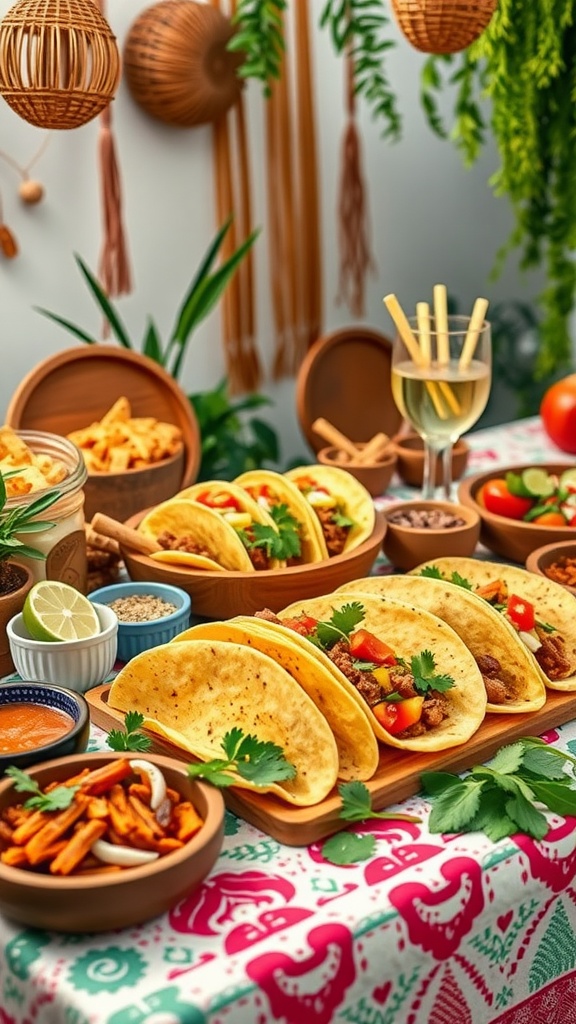 A colorful taco bar setup with soft tortillas, assorted toppings, and side dishes, perfect for a family dinner.