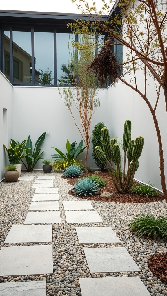 Modern minimalist small courtyard garden featuring stone pathway, gravel, and various plants.