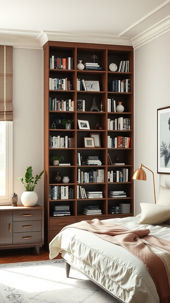 A tall wooden bookshelf filled with books and decorative items in a cozy bedroom.