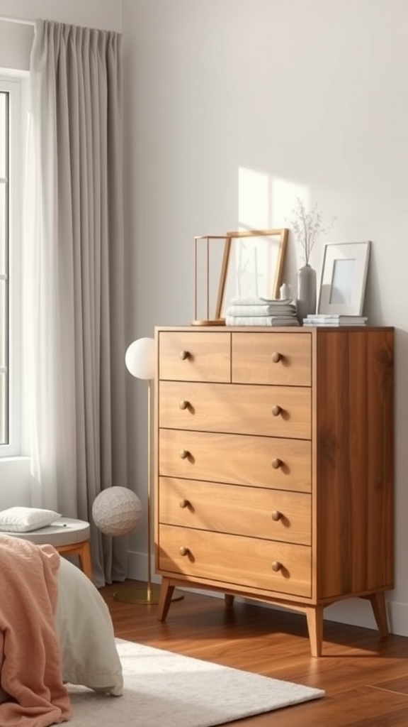 A tall wooden dresser with multiple drawers in a bedroom setting