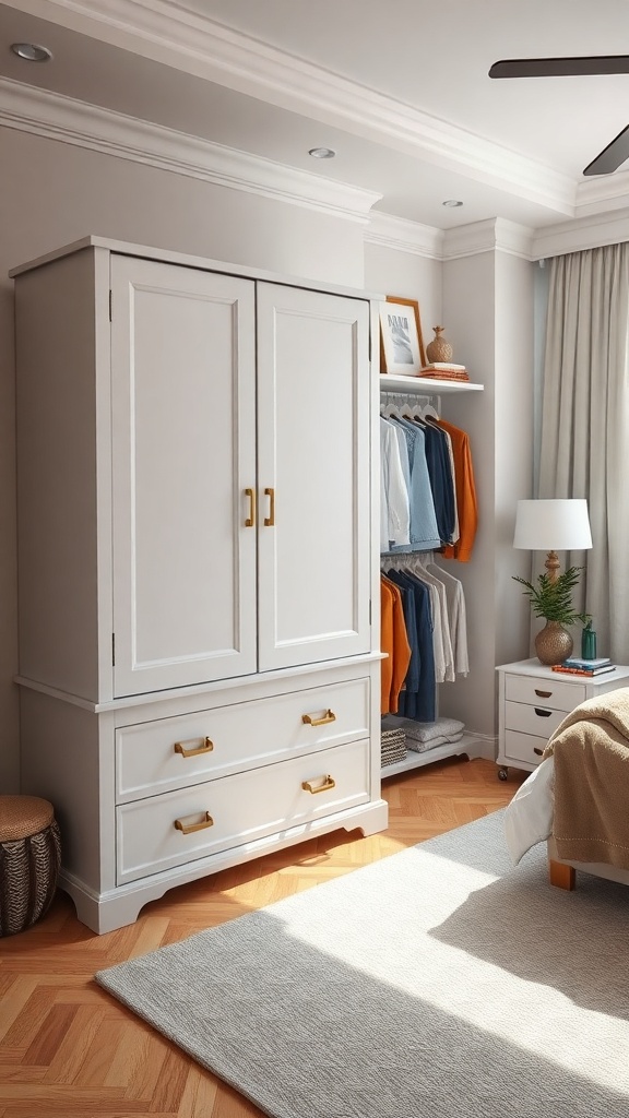 A modern bedroom featuring a tall white dresser with gold handles, a hanging rack with clothes, and a cozy atmosphere.