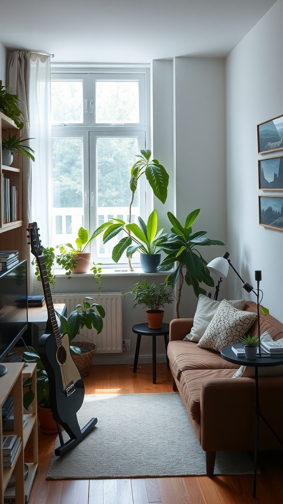 A cozy living room with tall house plants, a guitar, and natural light coming through the window.