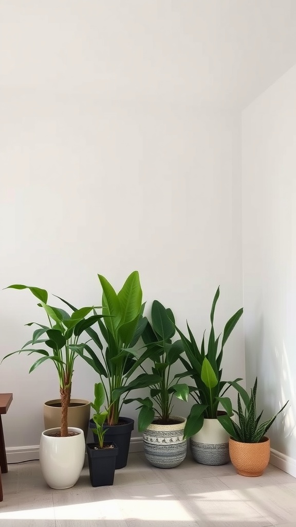 An arrangement of tall house plants in stylish pots, suitable for low-light areas.