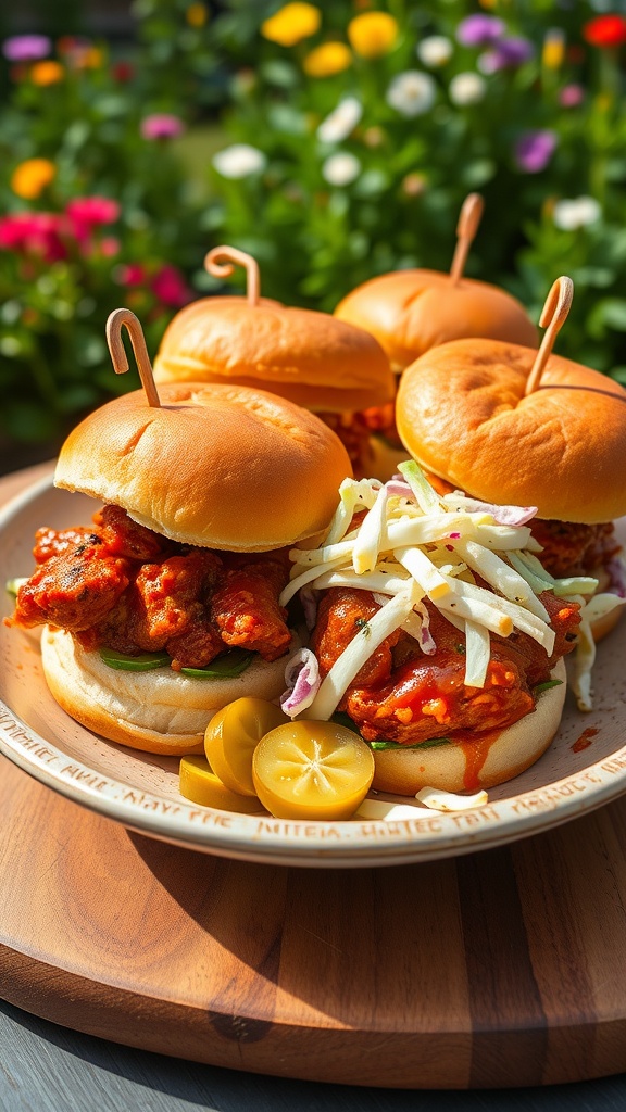 Plate of BBQ chicken sliders topped with slaw and pickles, set against a colorful flower background.