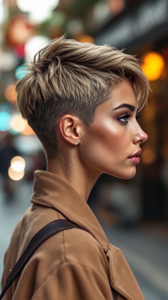 A woman with a tapered short hairstyle, showcasing a sleek cut with longer layers on top and shorter sides.